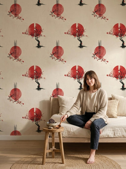 Japanese Sakura Wallpaper Red Sun Zen Wall Art Wabi Sabi Asian Decor