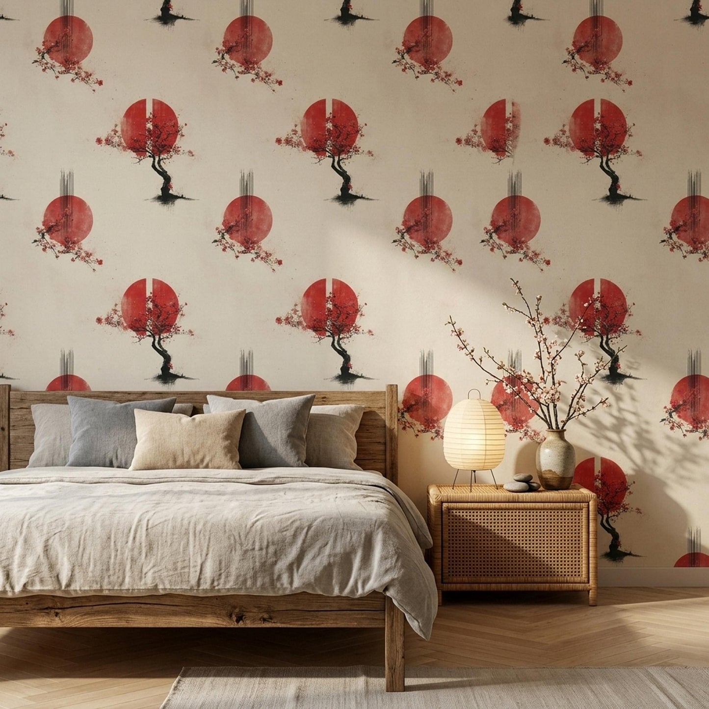 Japanese Sakura Wallpaper Red Sun Zen Wall Art Wabi Sabi Asian Decor