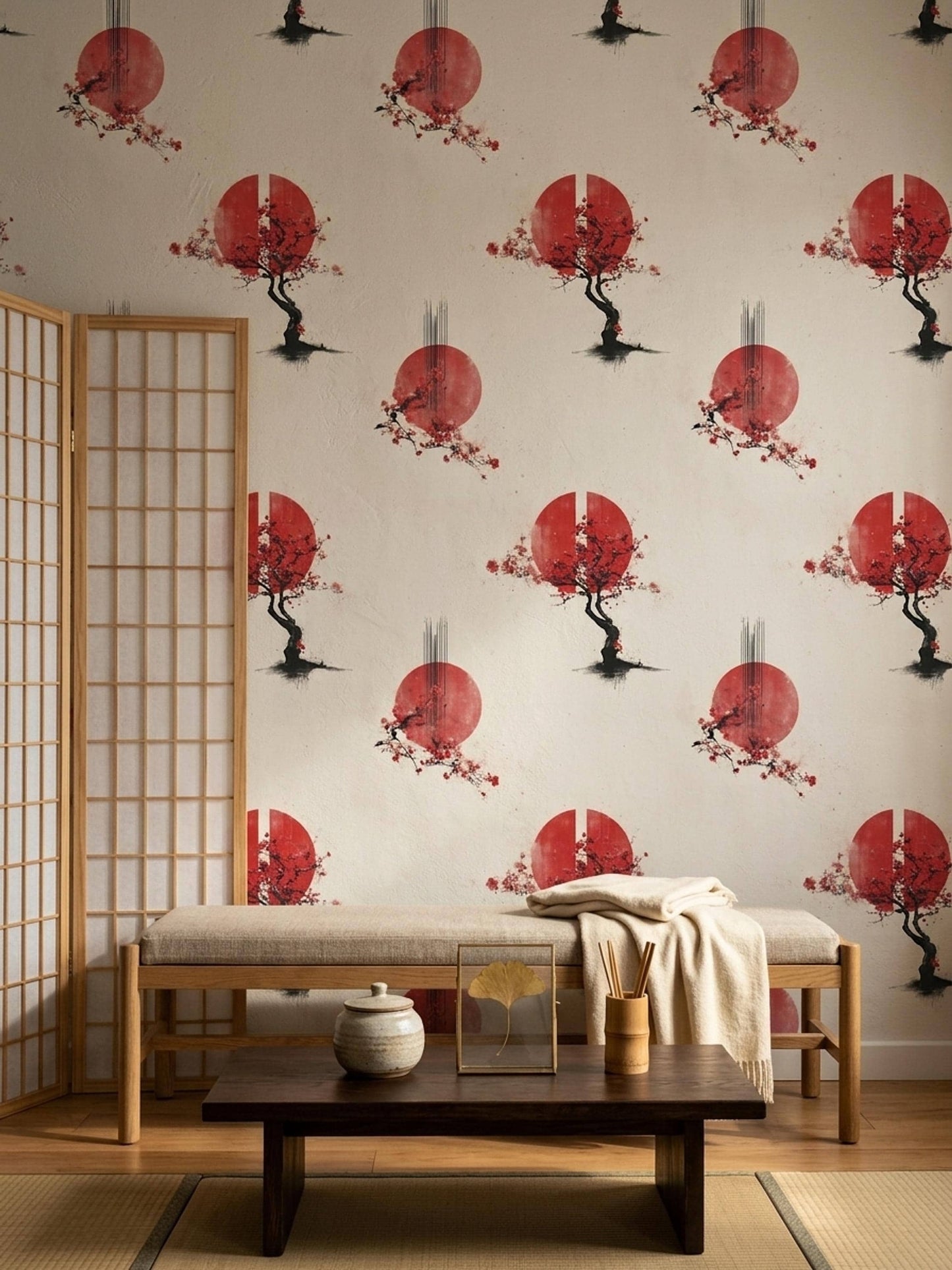 Japanese Sakura Wallpaper Red Sun Zen Wall Art Wabi Sabi Asian Decor