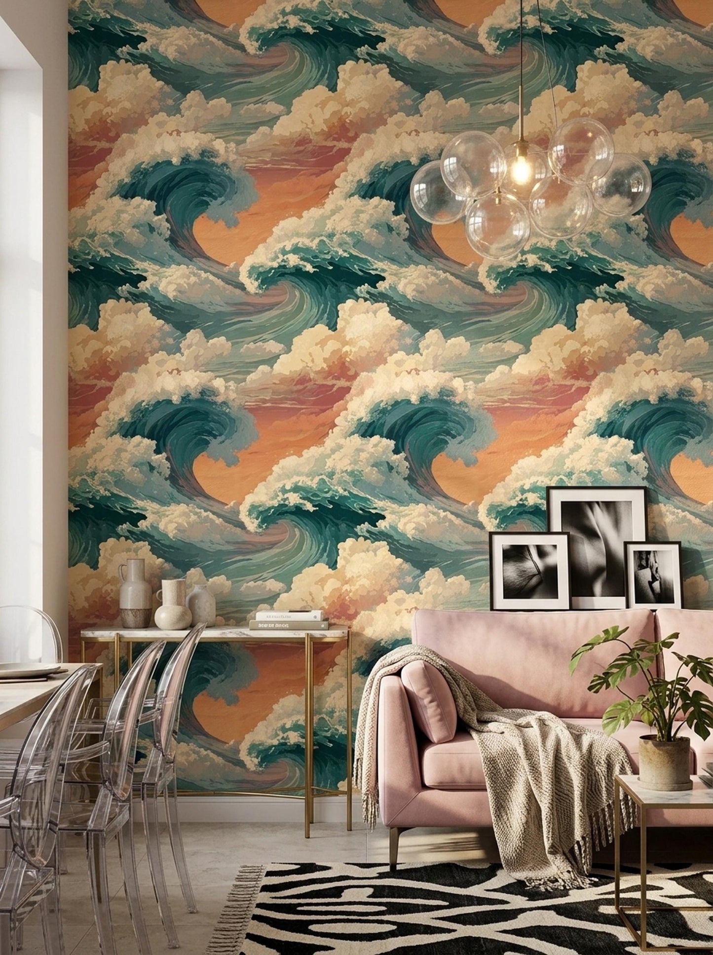 Ocean Wave Wallpaper Coastal Sunset Wall Art Japanese Style Wave Japandi Decor