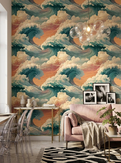 Ocean Wave Wallpaper Coastal Sunset Wall Art Japanese Style Wave Japandi Decor