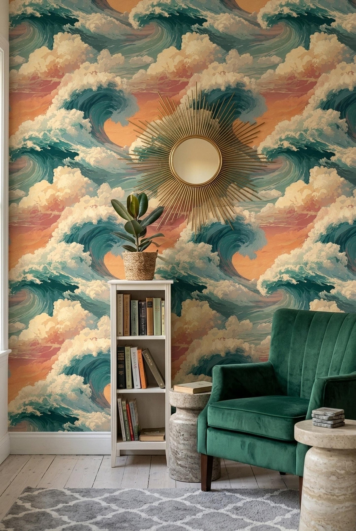 Ocean Wave Wallpaper Coastal Sunset Wall Art Japanese Style Wave Japandi Decor