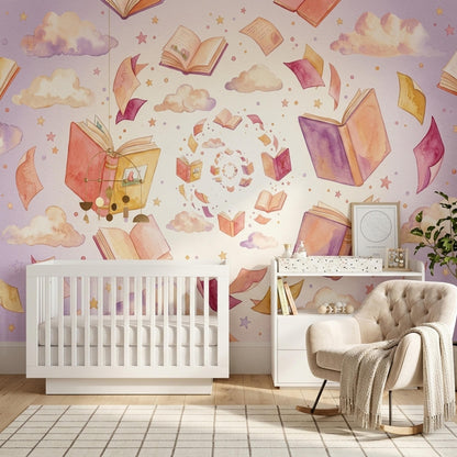 Nursery Wallpaper Book Theme Wall Mural Reading Corner Baby Room Decor Story Design
