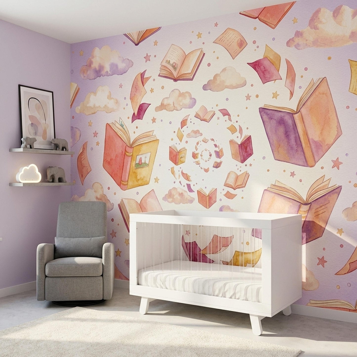 Nursery Wallpaper Book Theme Wall Mural Reading Corner Baby Room Decor Story Design