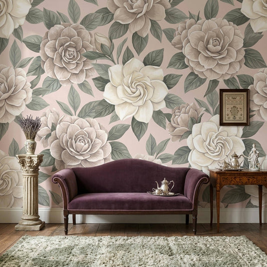 Floral Wallpaper Vintage Rose Wall Design Beige Pink Flower Decor Elegant Living Room Style