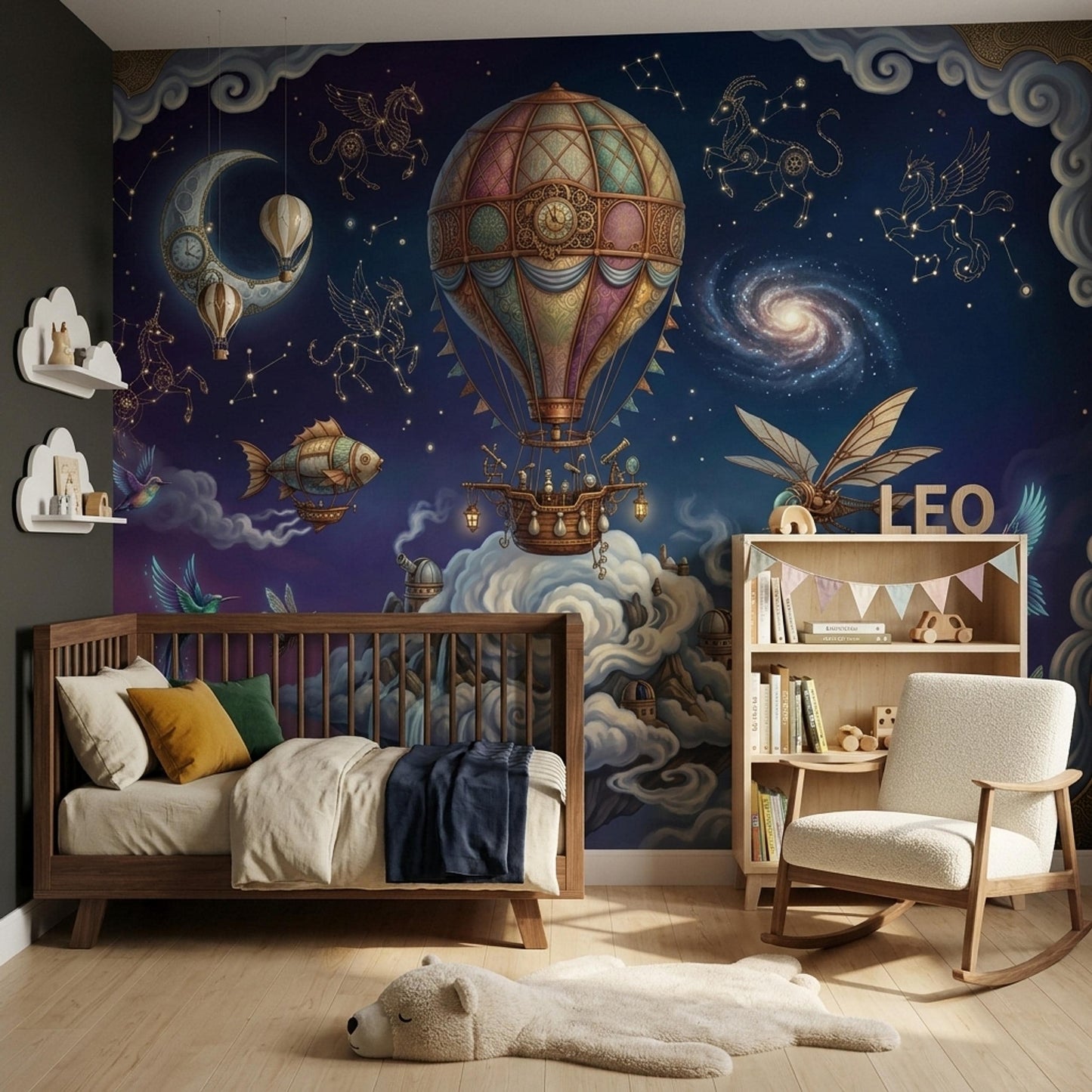 Fantasy Wall Mural Hot Air Balloon Space Sky Wallpaper Steampunk Galaxy Wall Decor Design
