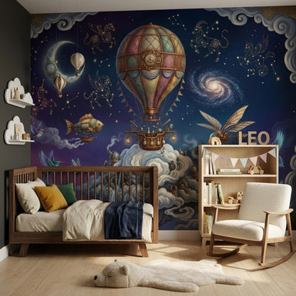 Fantasy Wall Mural Hot Air Balloon Space Sky Wallpaper Steampunk Galaxy Wall Decor Design