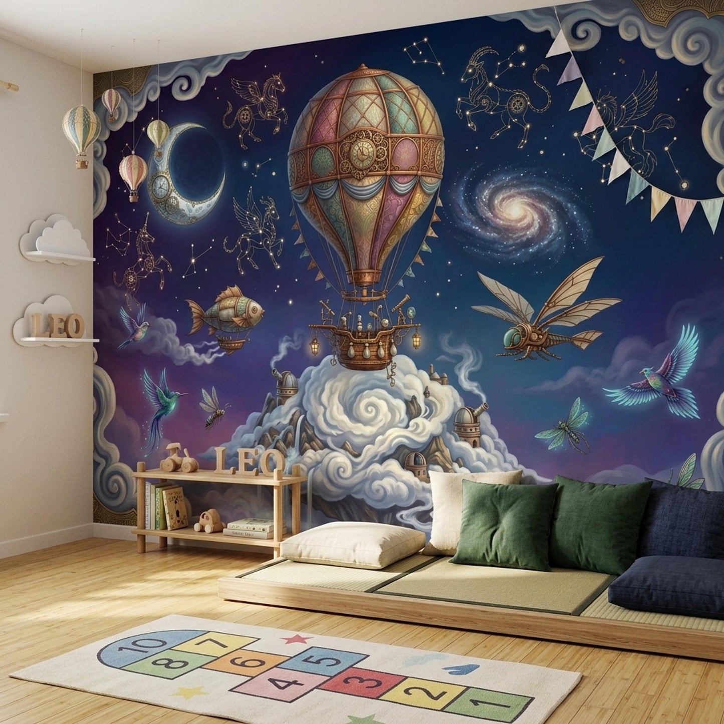 Fantasy Wall Mural Hot Air Balloon Space Sky Wallpaper Steampunk Galaxy Wall Decor Design