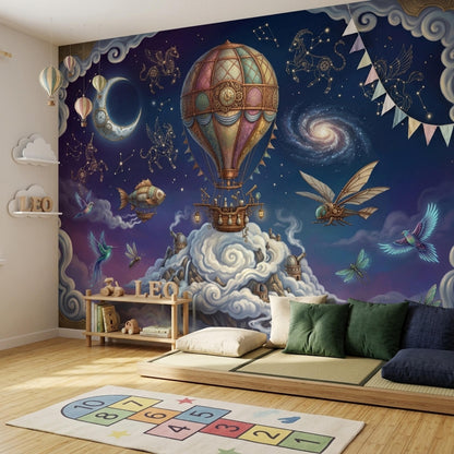 Fantasy Wall Mural Hot Air Balloon Space Sky Wallpaper Steampunk Galaxy Wall Decor Design