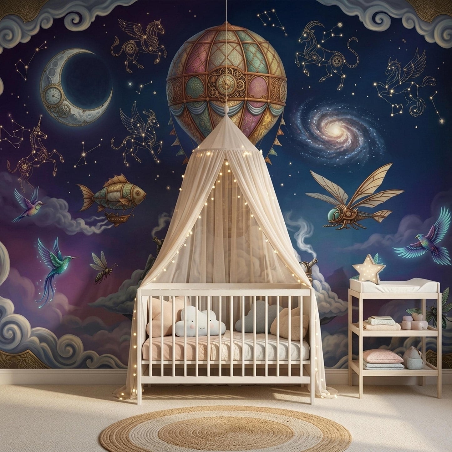 Fantasy Wall Mural Hot Air Balloon Space Sky Wallpaper Steampunk Galaxy Wall Decor Design
