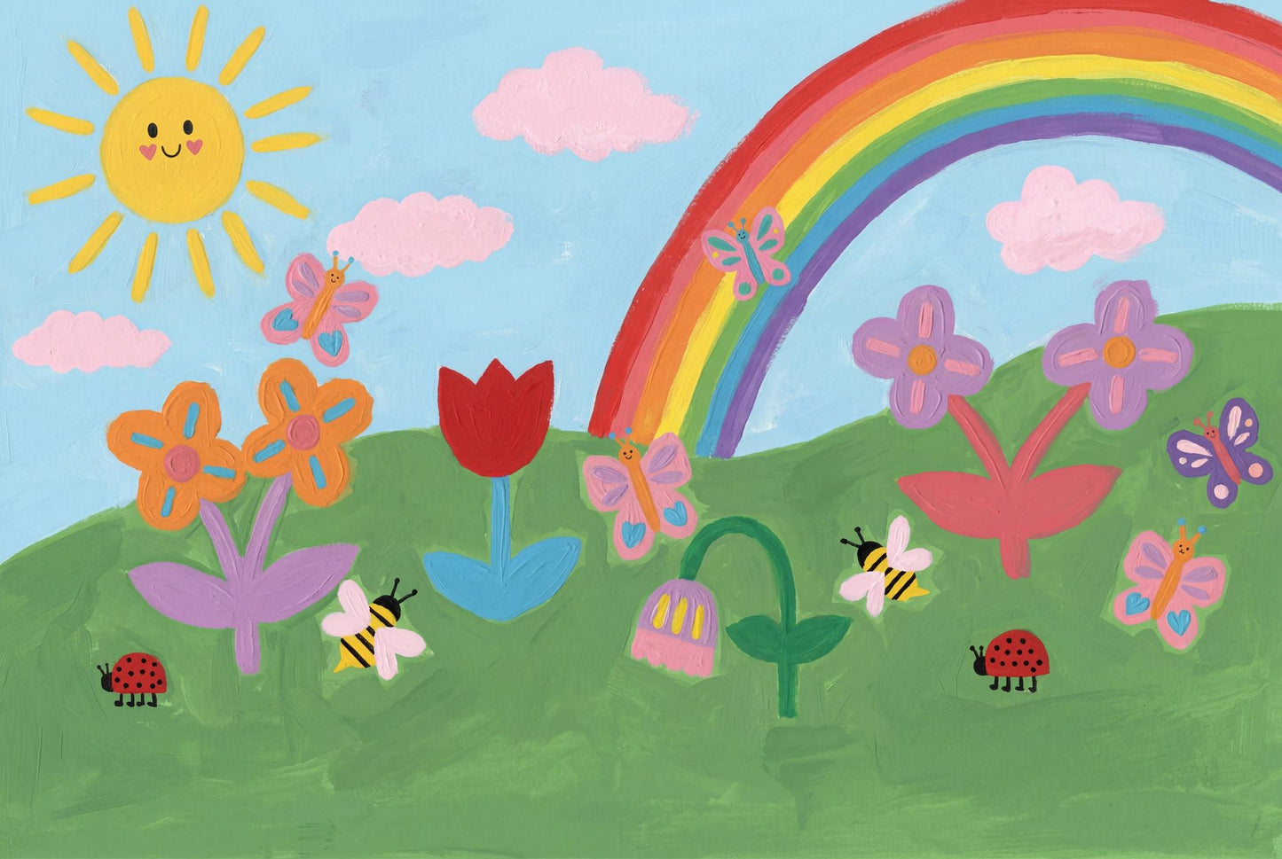 Hand Painted Style Wall Mural Rainbow Sun Kids Room Creative Playroom Wall Art Design