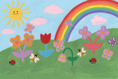 Hand Painted Style Wall Mural Rainbow Sun Kids Room Creative Playroom Wall Art Design