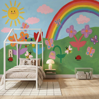 Hand Painted Style Wall Mural Rainbow Sun Kids Room Creative Playroom Wall Art Design
