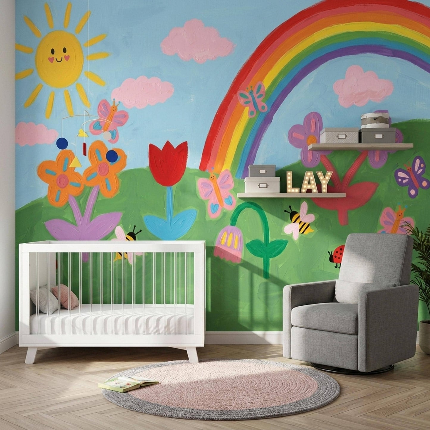 Hand Painted Style Wall Mural Rainbow Sun Kids Room Creative Playroom Wall Art Design