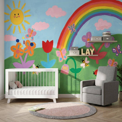 Hand Painted Style Wall Mural Rainbow Sun Kids Room Creative Playroom Wall Art Design