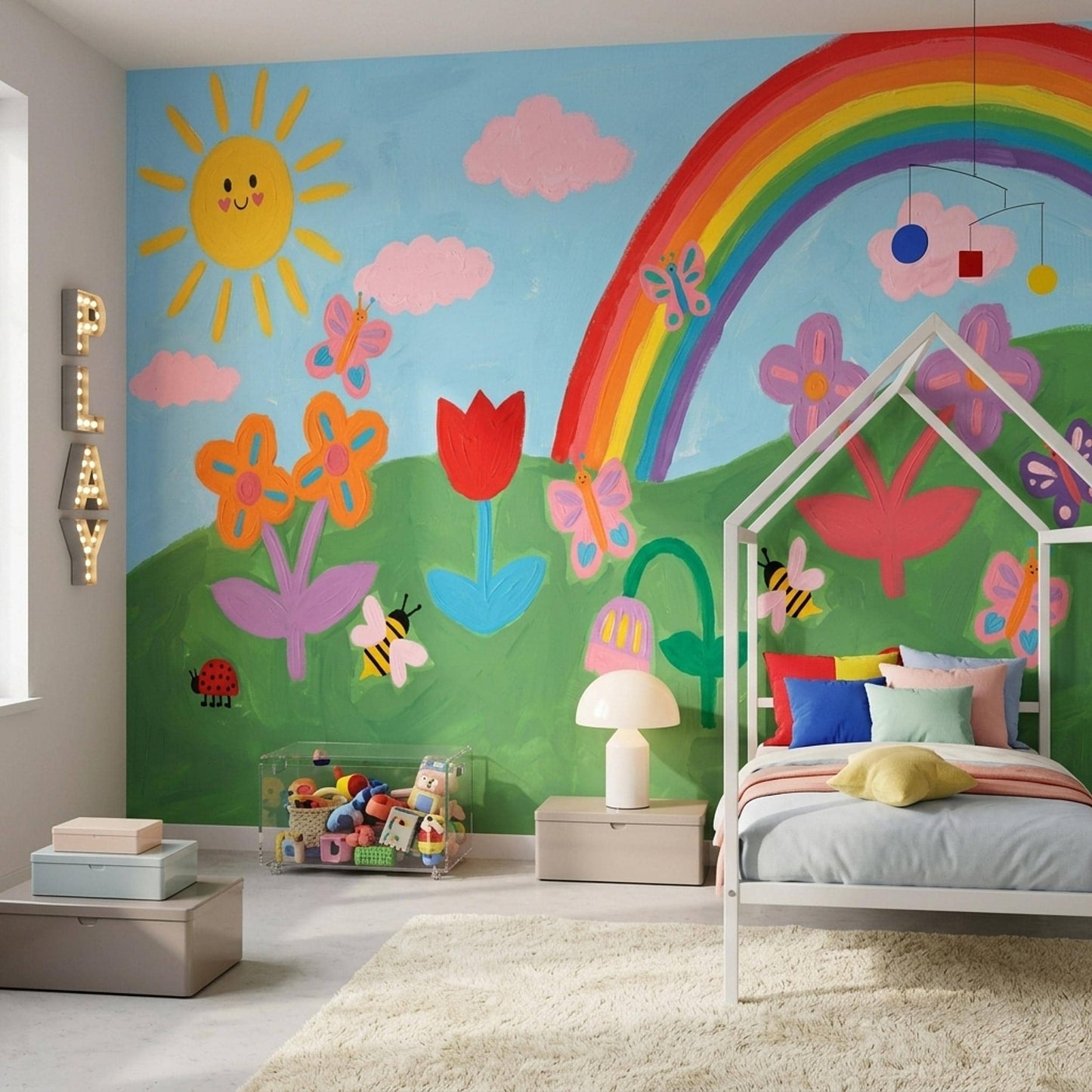Hand Painted Style Wall Mural Rainbow Sun Kids Room Creative Playroom Wall Art Design