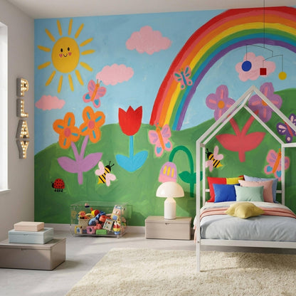 Hand Painted Style Wall Mural Rainbow Sun Kids Room Creative Playroom Wall Art Design