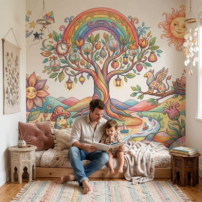 Whimsical Fantasy Tree Mural Colorful Storybook Wall Art Dreamy Landscape Wallpaper