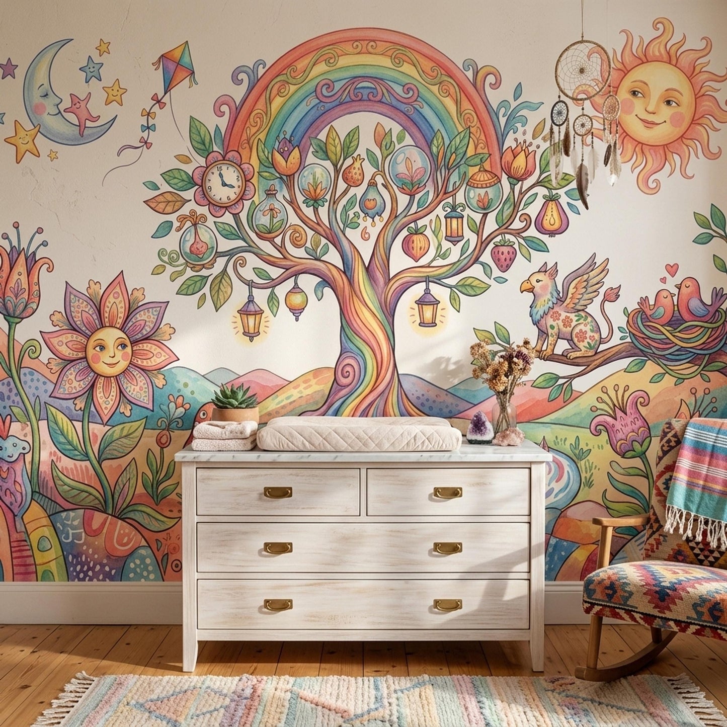 Whimsical Fantasy Tree Mural Colorful Storybook Wall Art Dreamy Landscape Wallpaper