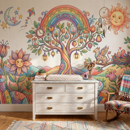 Whimsical Fantasy Tree Mural Colorful Storybook Wall Art Dreamy Landscape Wallpaper