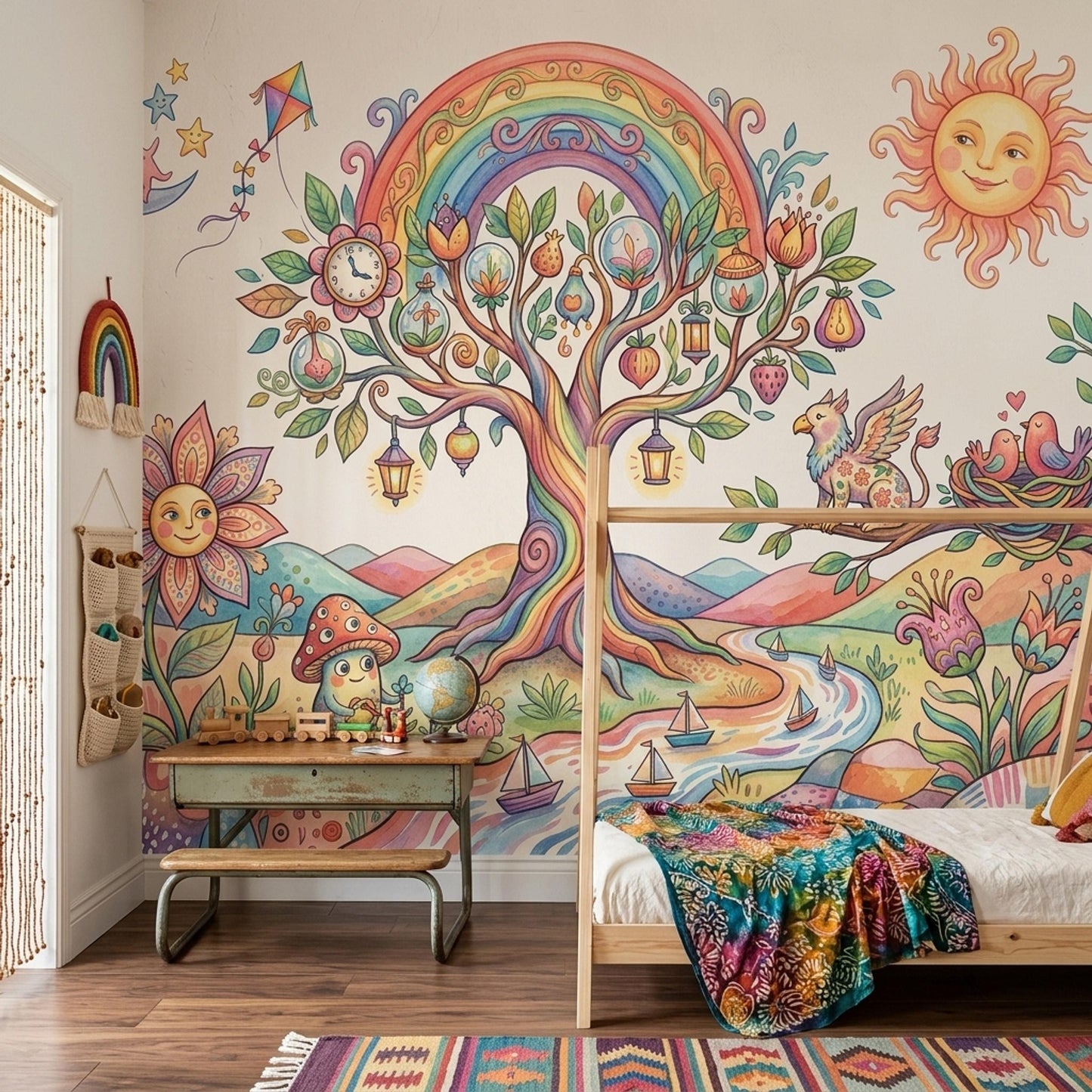 Whimsical Fantasy Tree Mural Colorful Storybook Wall Art Dreamy Landscape Wallpaper
