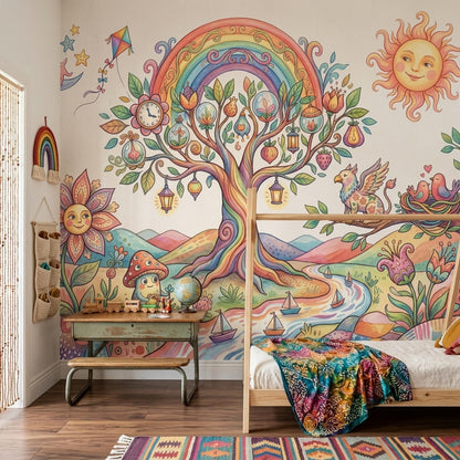 Whimsical Fantasy Tree Mural Colorful Storybook Wall Art Dreamy Landscape Wallpaper