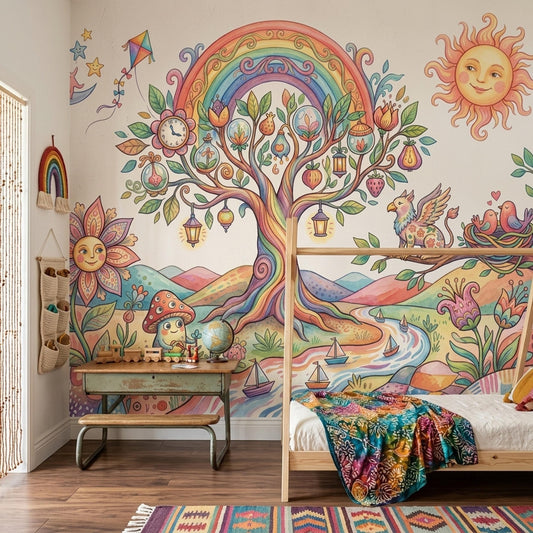 Whimsical Fantasy Tree Mural Colorful Storybook Wall Art Dreamy Landscape Wallpaper