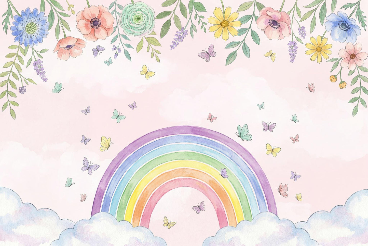 Rainbow Wall Mural Floral Butterfly Cloud Wallpaper Pastel Nursery Wall Decor
