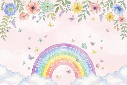 Rainbow Wall Mural Floral Butterfly Cloud Wallpaper Pastel Nursery Wall Decor