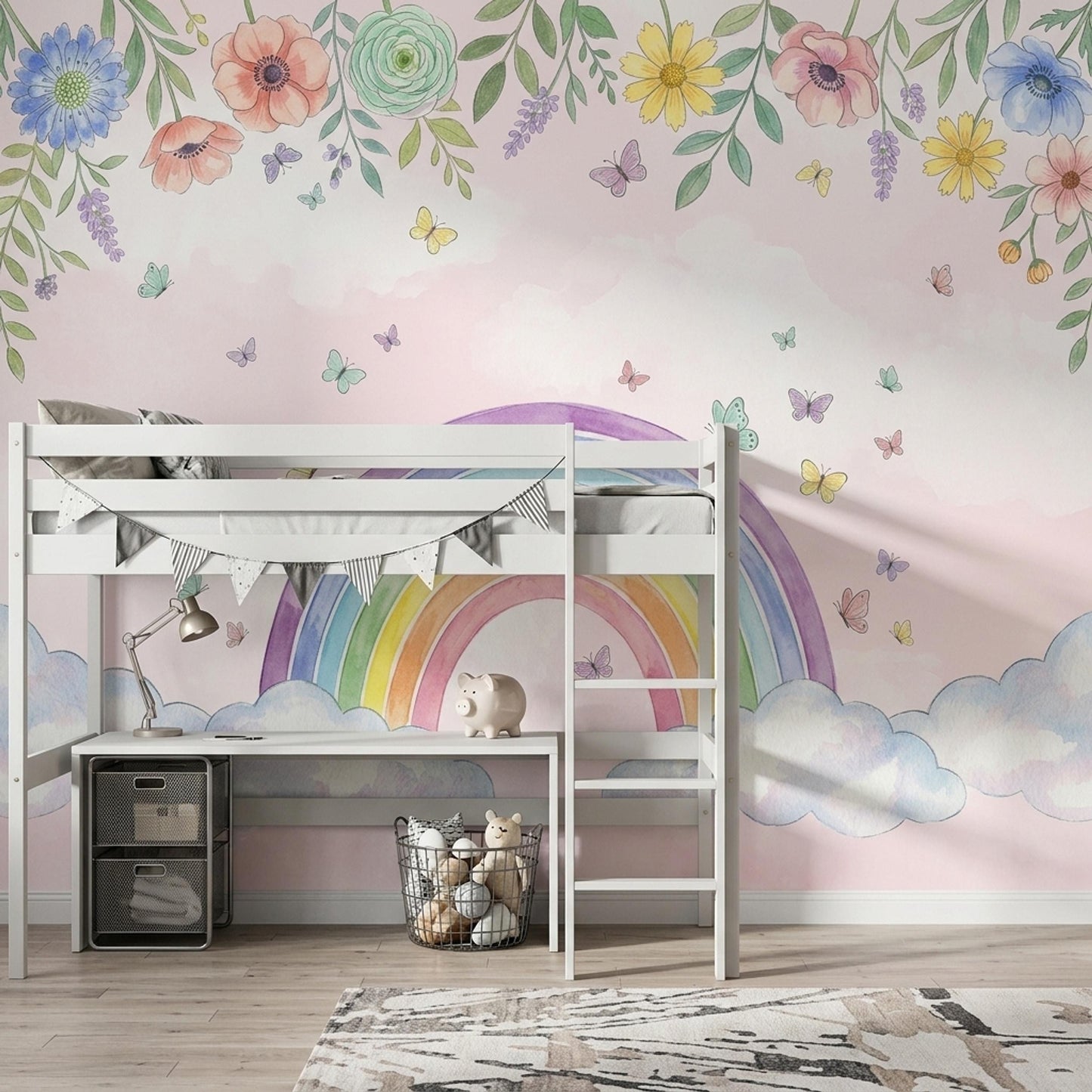 Rainbow Wall Mural Floral Butterfly Cloud Wallpaper Pastel Nursery Wall Decor