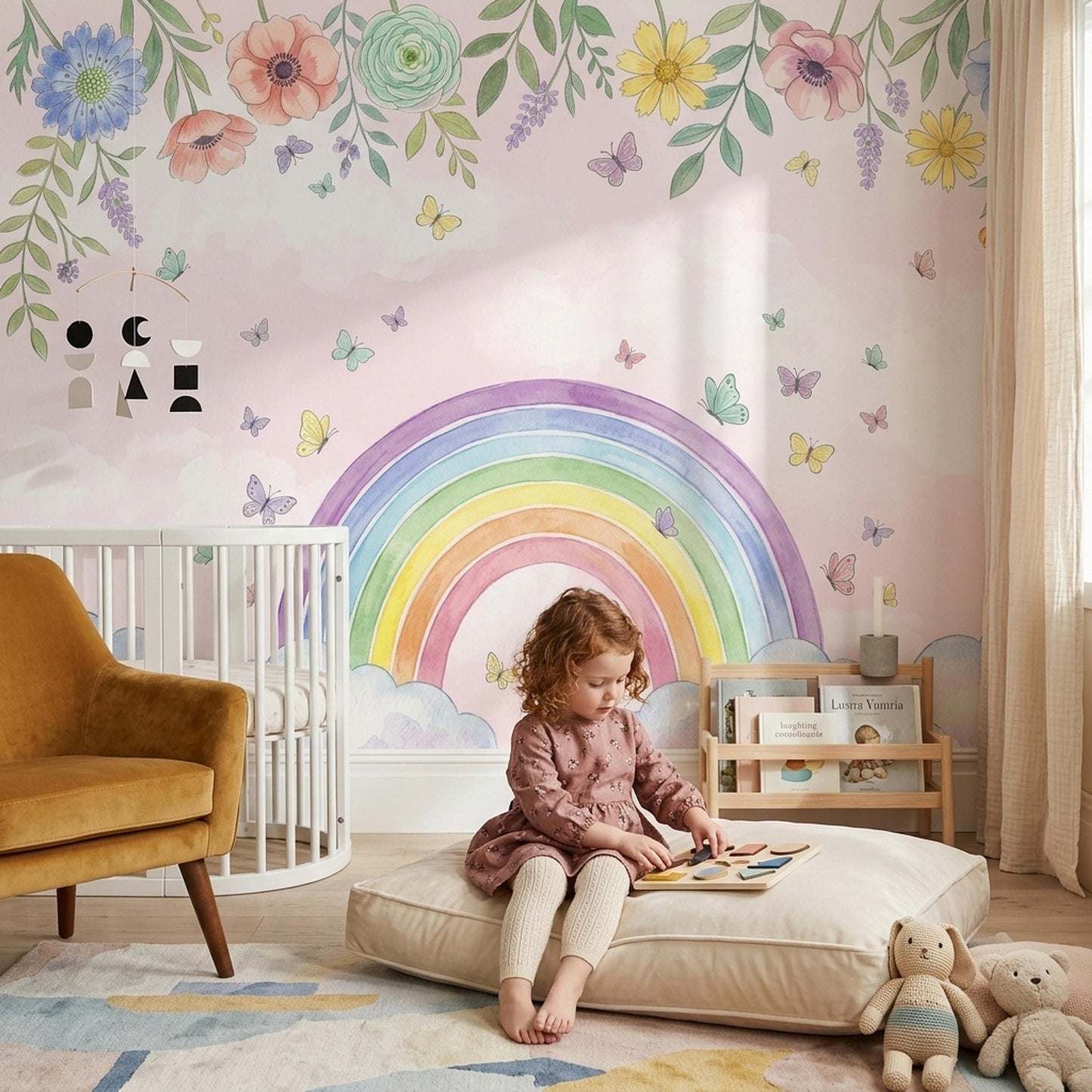 Rainbow Wall Mural Floral Butterfly Cloud Wallpaper Pastel Nursery Wall Decor