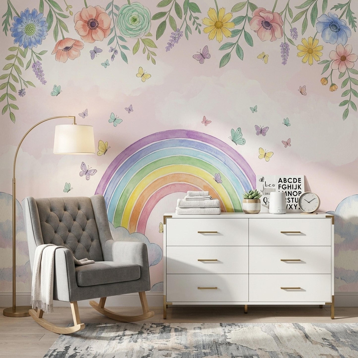 Rainbow Wall Mural Floral Butterfly Cloud Wallpaper Pastel Nursery Wall Decor