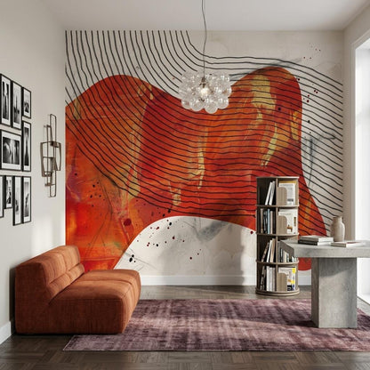 Abstract Red Beige Line Art Mural: Modern Statement Wall Decor (Peel & Stick)