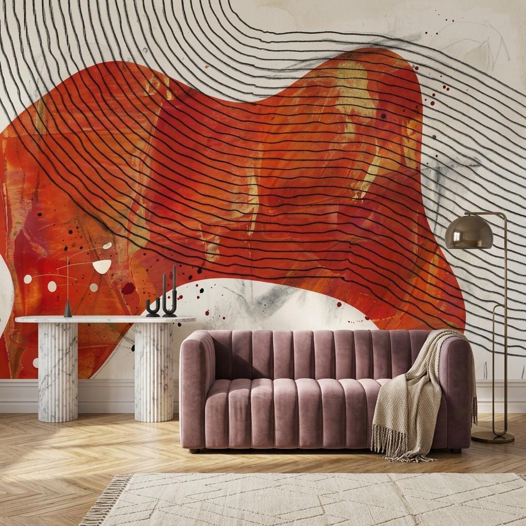 Abstract Red Beige Line Art Mural: Modern Statement Wall Decor (Peel & Stick)