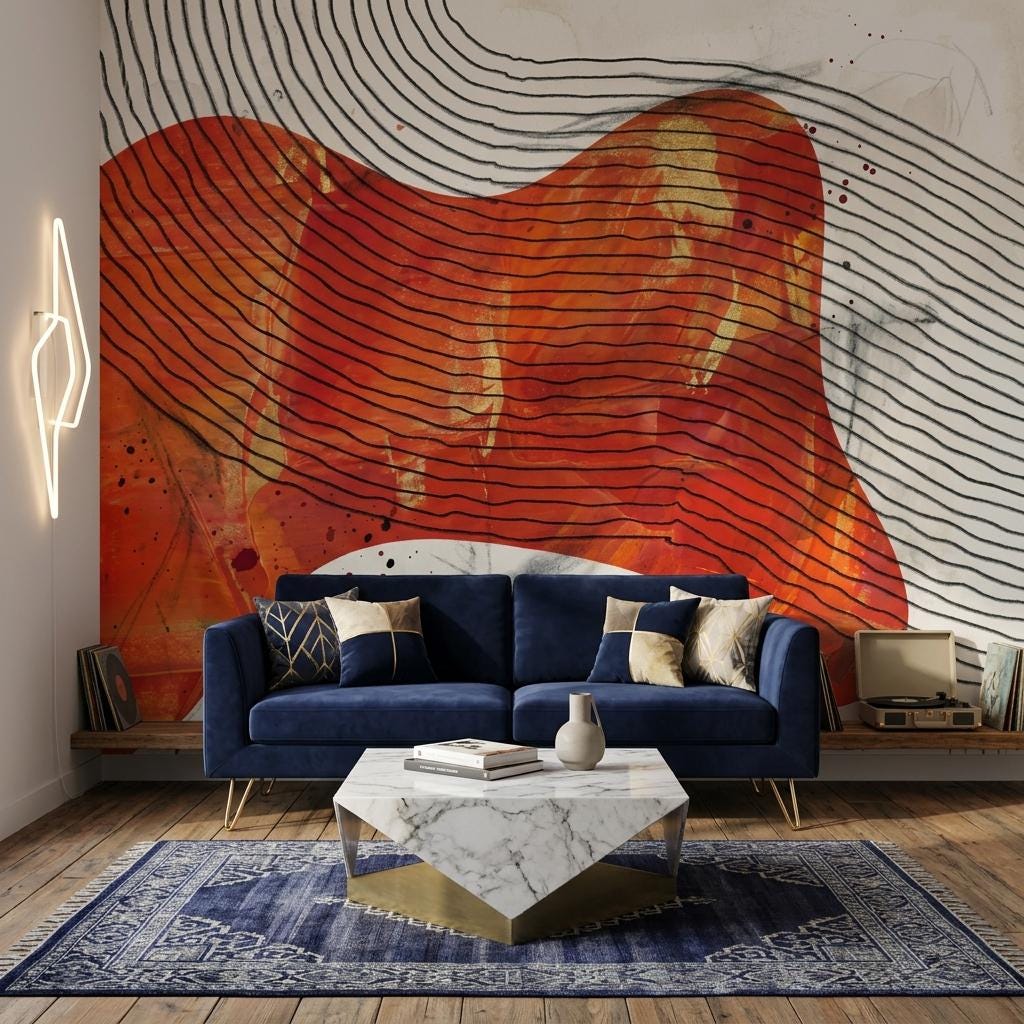 Abstract Red Beige Line Art Mural: Modern Statement Wall Decor (Peel & Stick)