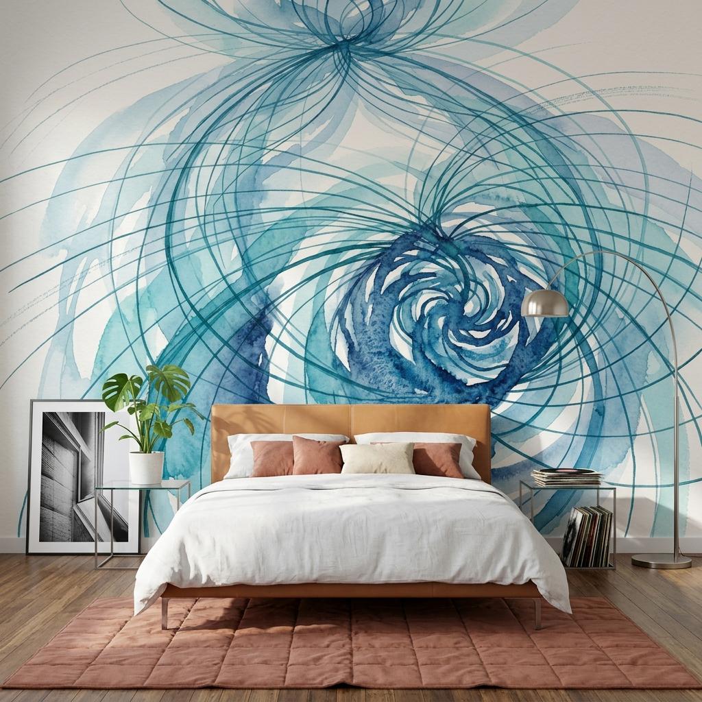 Blue Abstract Wall Mural Watercolor Swirl Wallpaper Modern Bedroom Statement Wall Decor