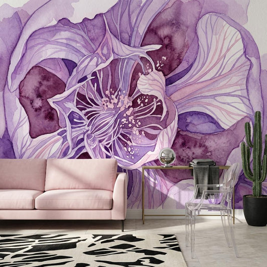 Purple Floral Wall Mural Watercolor Flower Wallpaper Large Abstract Bloom Wall Decor
