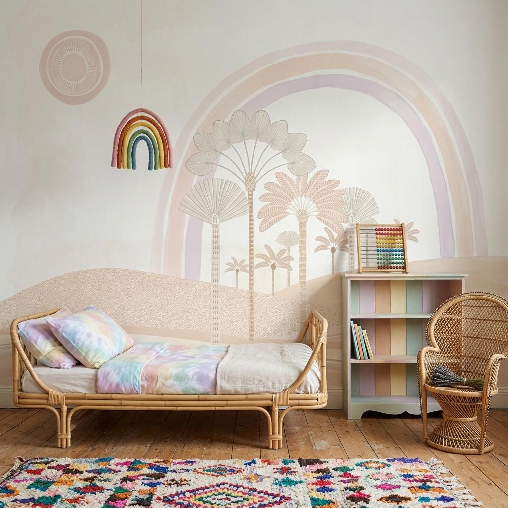 Neutral Rainbow Wall Mural Pastel Palm Landscape Wallpaper Minimal Statement Wall Decor