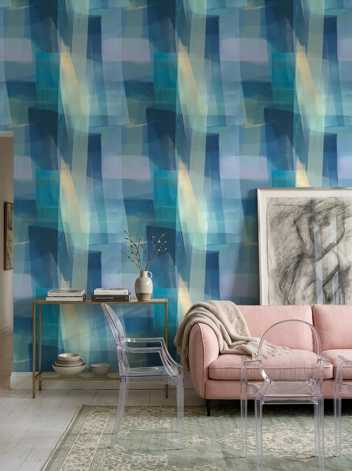 Blue Abstract Wallpaper Modern Geometric Wall Mural Contemporary Art Decor