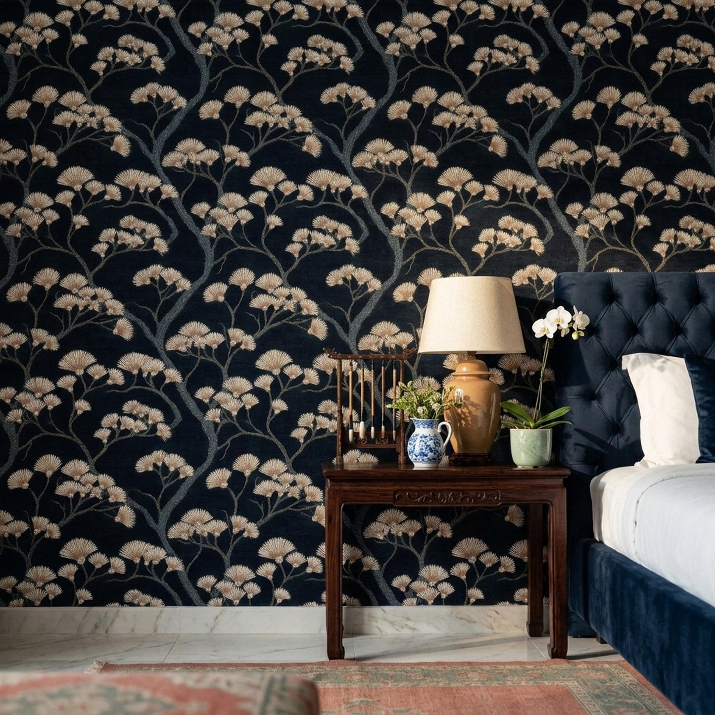 Dark Floral Wallpaper Gold Botanical Wall Mural Removable Luxury Black Nature Decor