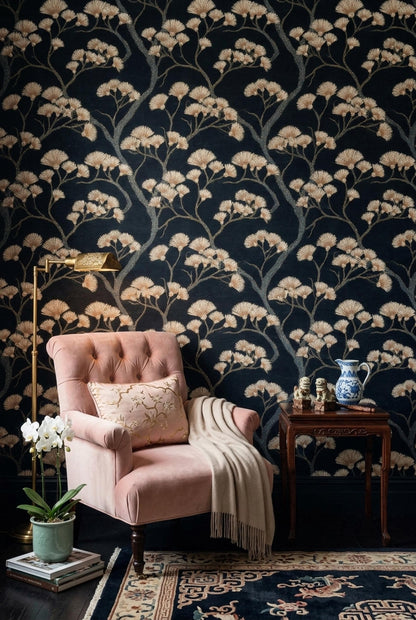 Dark Floral Wallpaper Gold Botanical Wall Mural Removable Luxury Black Nature Decor
