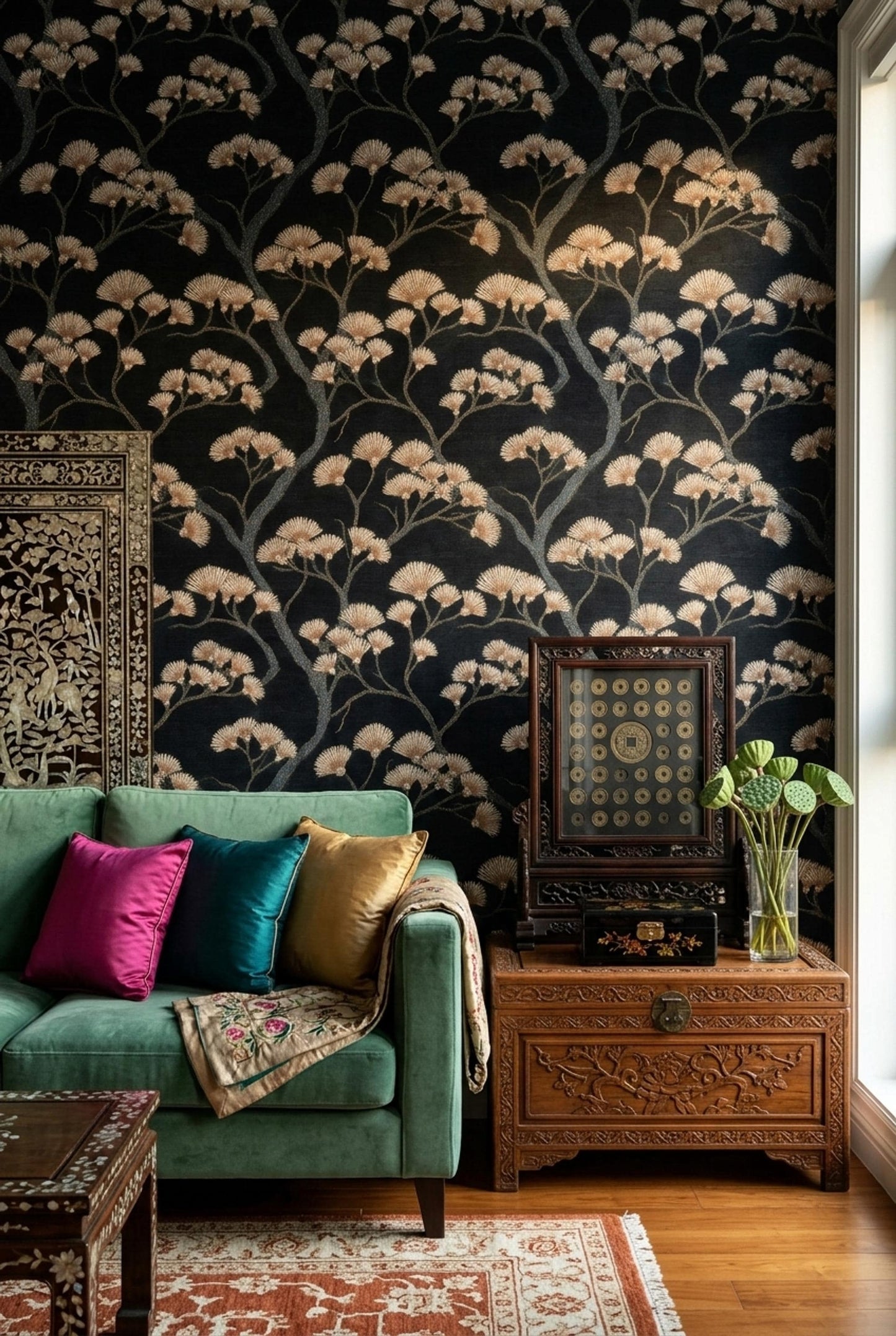 Dark Floral Wallpaper Gold Botanical Wall Mural Removable Luxury Black Nature Decor