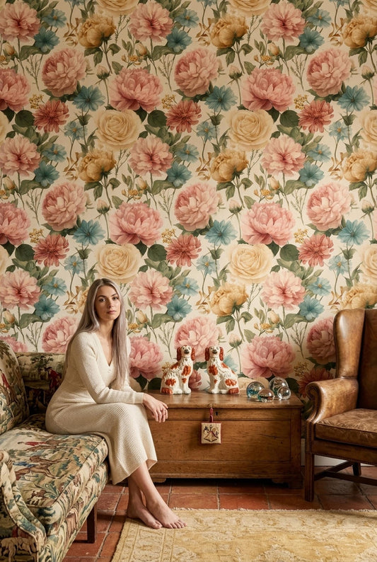 Vintage Floral Pattern Wallpaper Seamless Repeat Cottagecore Romantic Botanical Wall Decor