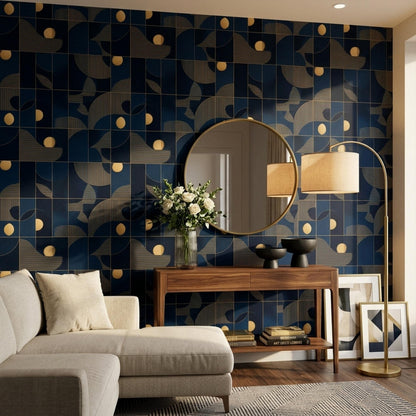 Art Deco Pattern Wallpaper Navy Blue Gold Geometric Seamless Repeat Modern Luxury Wall Decor