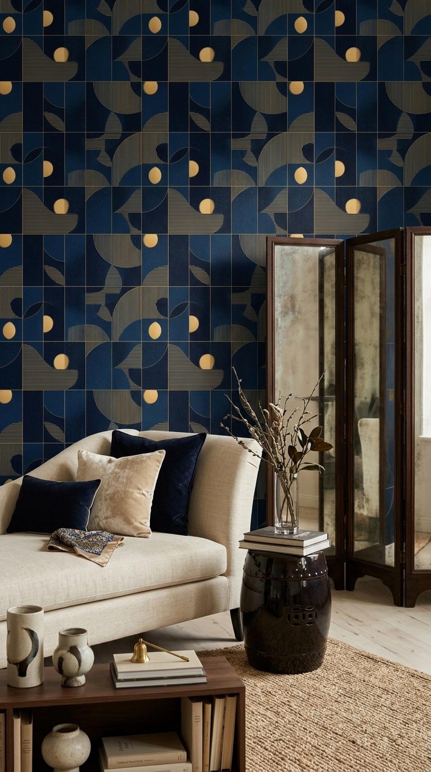 Art Deco Pattern Wallpaper Navy Blue Gold Geometric Seamless Repeat Modern Luxury Wall Decor
