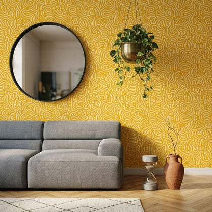 Abstract Squiggle Pattern Wallpaper Mustard Yellow Modern Seamless Repeat Retro Playful Wall Decor