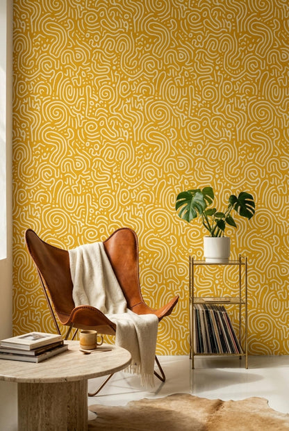 Abstract Squiggle Pattern Wallpaper Mustard Yellow Modern Seamless Repeat Retro Playful Wall Decor