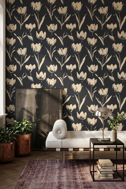 Dark Tulip Pattern Wallpaper Seamless Floral Repeat Black Beige Botanical Wall Decor