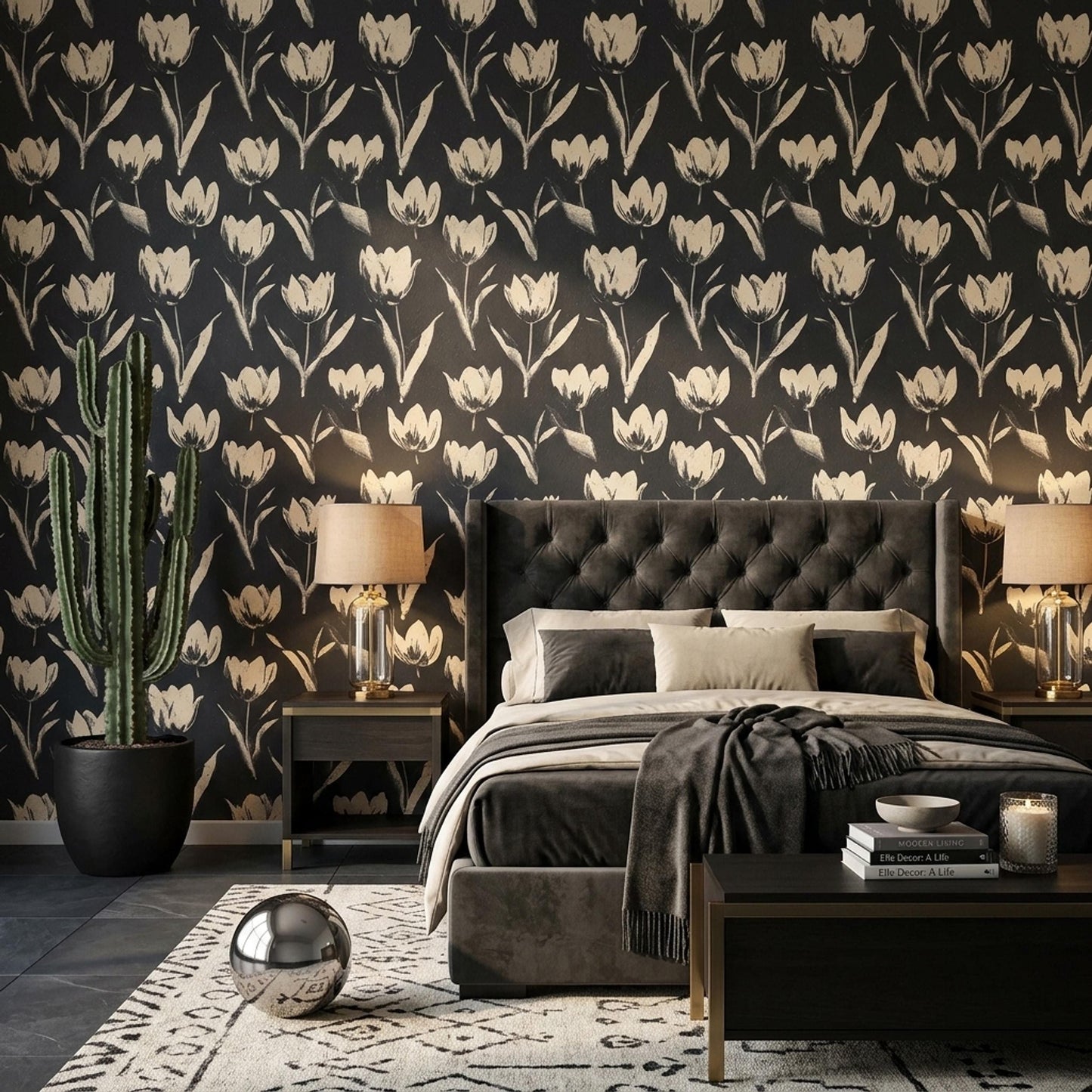 Dark Tulip Pattern Wallpaper Seamless Floral Repeat Black Beige Botanical Wall Decor