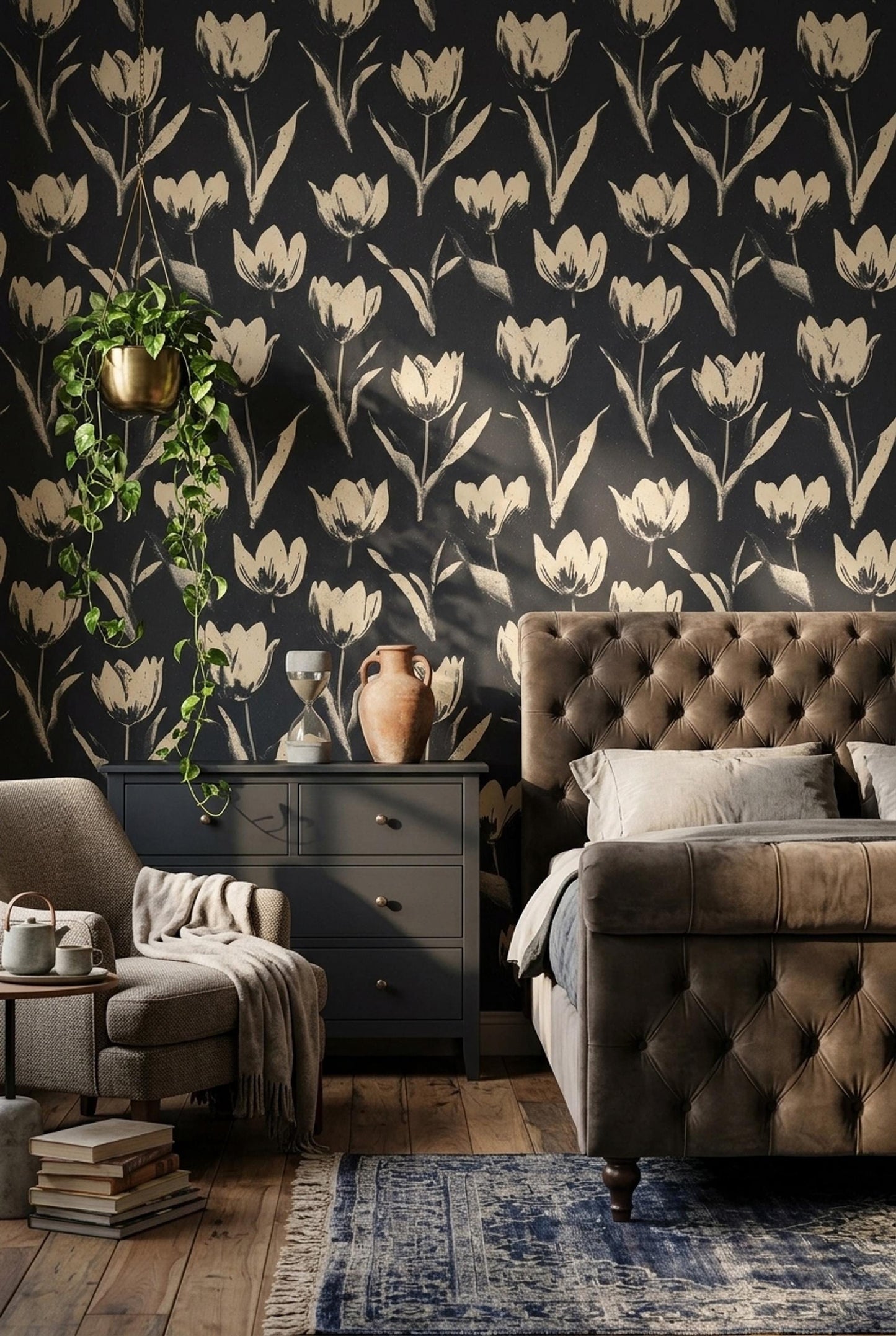 Dark Tulip Pattern Wallpaper Seamless Floral Repeat Black Beige Botanical Wall Decor